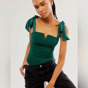 Free People Lola Teal Shoulder Tie Seamed Bodysuit